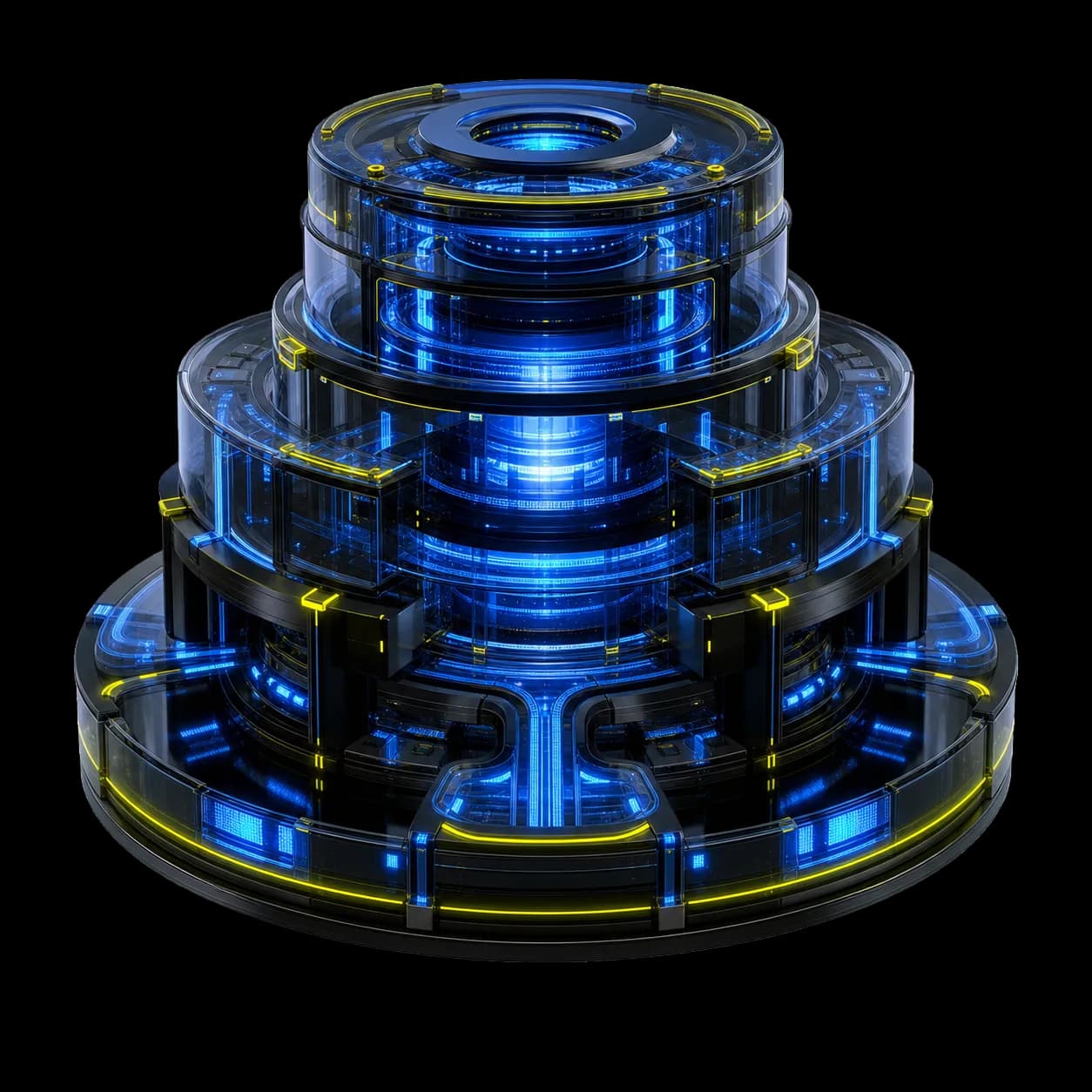 A glowing enterprise intelligence engine connecting business data to AI decisions.